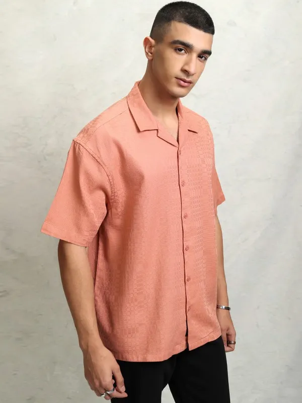 Highlader Men Peach Self Design Oversized Fit Casual Shirt