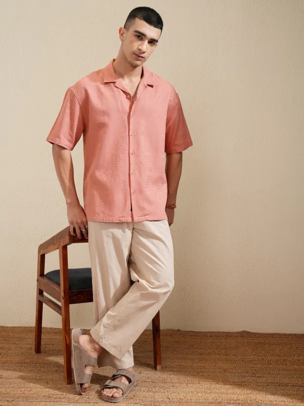 Highlander Men Coral Textured Oversized Fit Casual Shirt