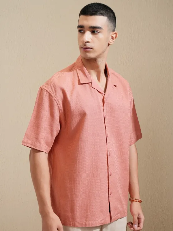 Highlander Men Coral Textured Oversized Fit Casual Shirt