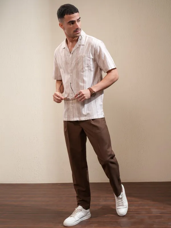 Locomotive Men Beige Striped Relaxed Fit Casual Shirt