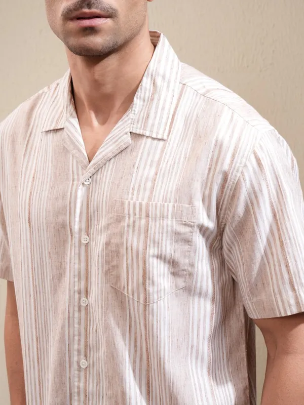 Locomotive Men Beige Striped Relaxed Fit Casual Shirt
