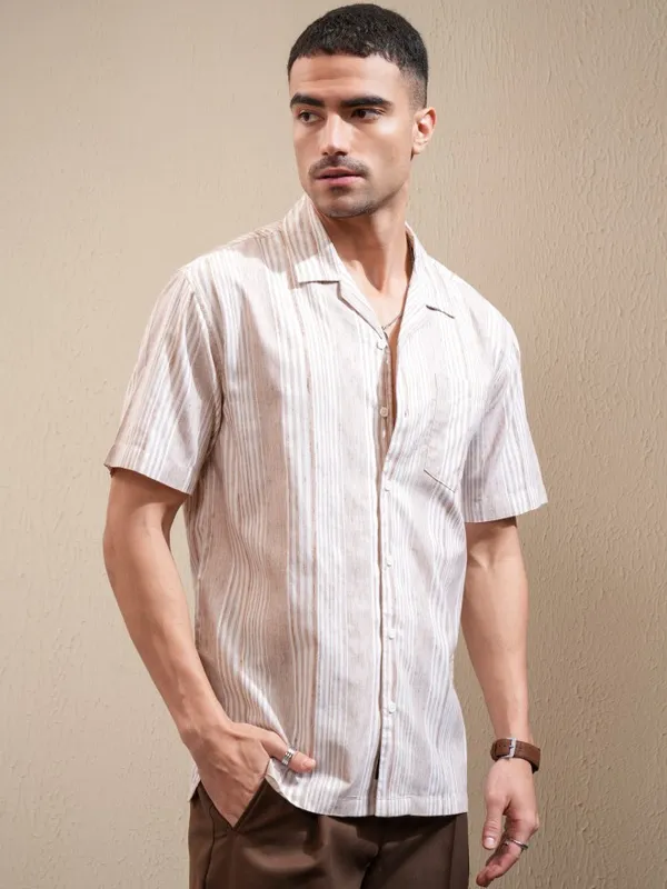 Locomotive Men Beige Striped Relaxed Fit Casual Shirt
