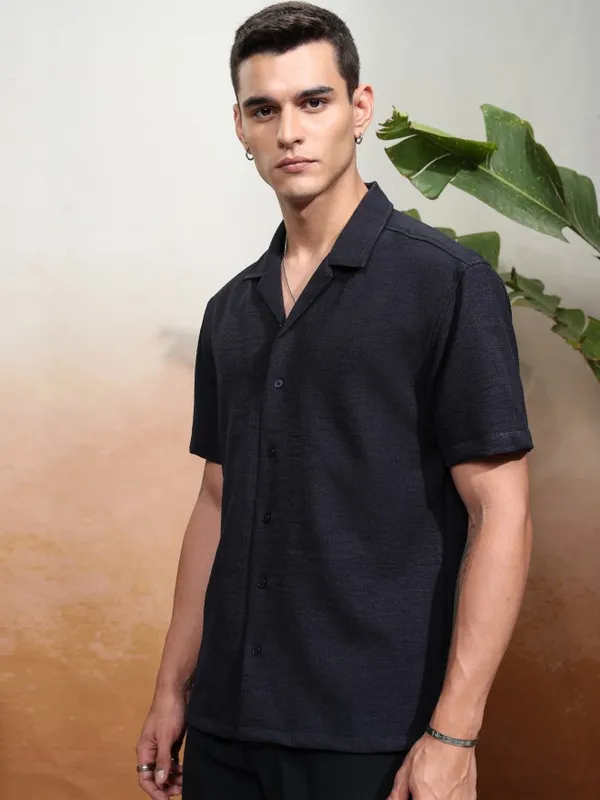Highlander Men Navy Blue Textured Relaxed Fit Casual Shirt