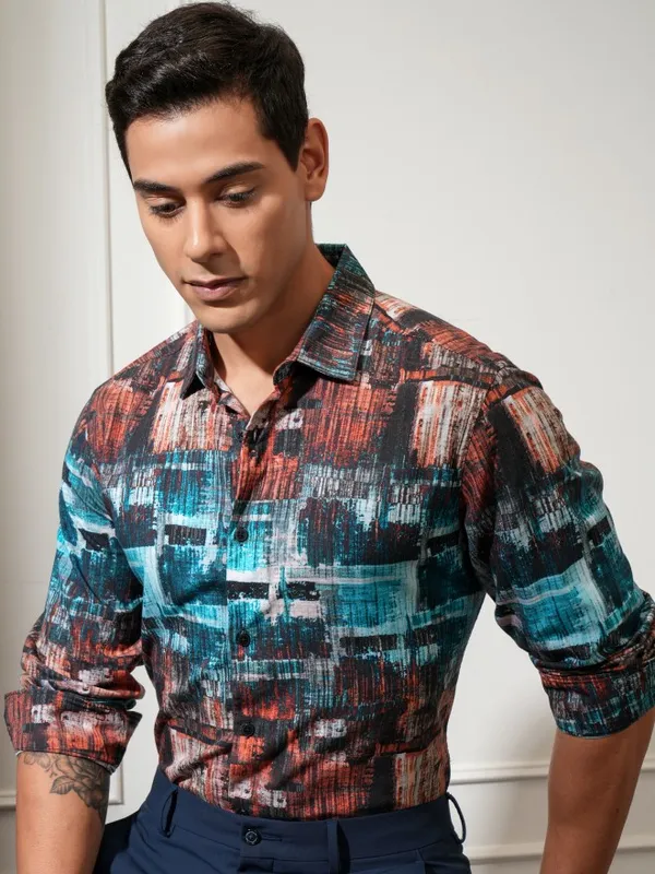 Locomotive Men Blue Printed Slim Fit Casual Shirt