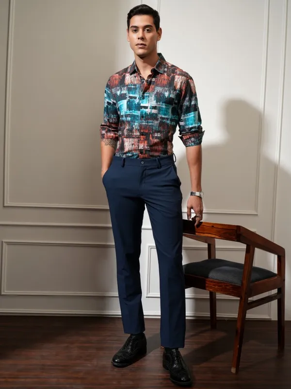 Locomotive Men Blue Printed Slim Fit Casual Shirt