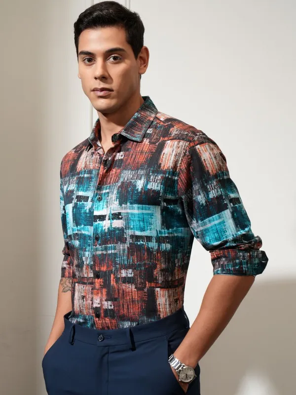 Locomotive Men Blue Printed Slim Fit Casual Shirt