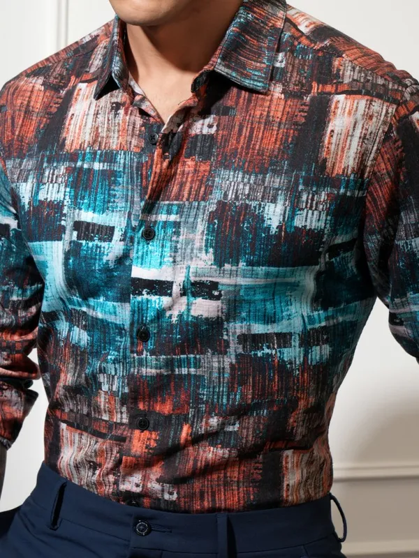 Locomotive Men Blue Printed Slim Fit Casual Shirt