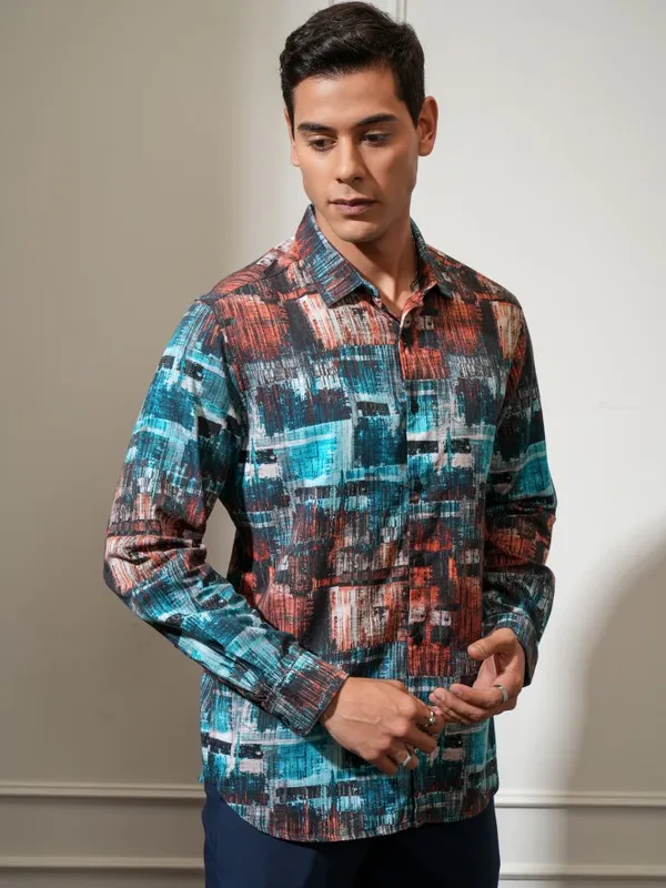 Locomotive Men Blue Printed Slim Fit Casual Shirt
