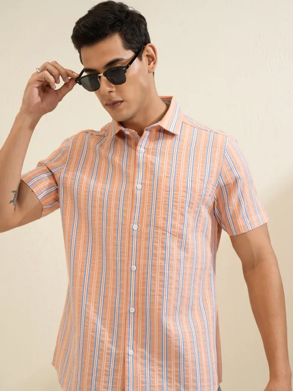 Locomotive Men Orange Striped Slim Fit Casual Shirt