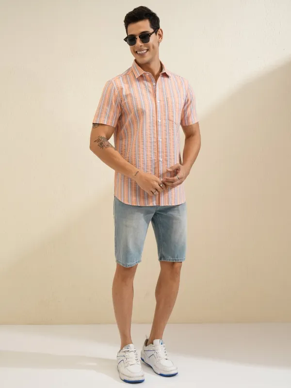 Locomotive Men Orange Striped Slim Fit Casual Shirt