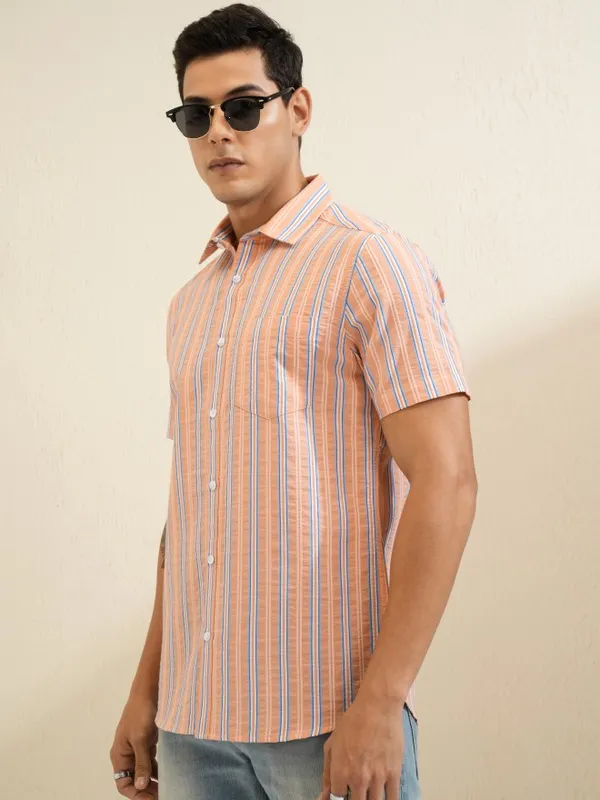 Locomotive Men Orange Striped Slim Fit Casual Shirt