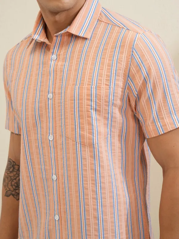 Locomotive Men Orange Striped Slim Fit Casual Shirt