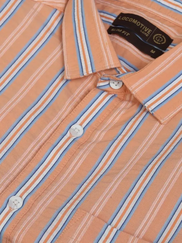 Locomotive Men Orange Striped Slim Fit Casual Shirt