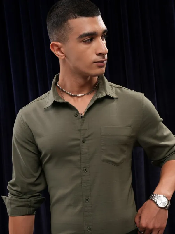 Highlander Men Olive Striped Regular Fit Casual Shirt