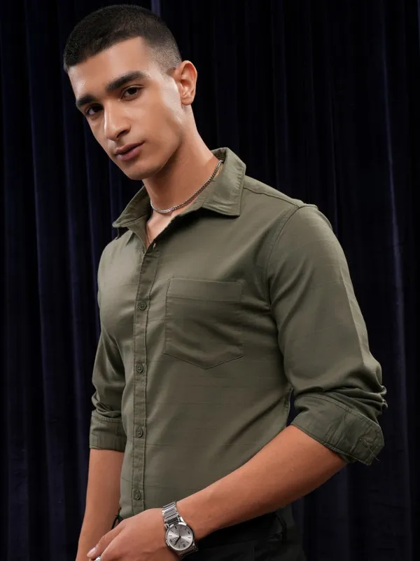 Highlander Men Olive Striped Regular Fit Casual Shirt