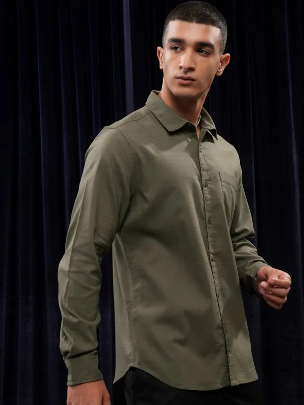 Highlander Men Olive Striped Regular Fit Casual Shirt