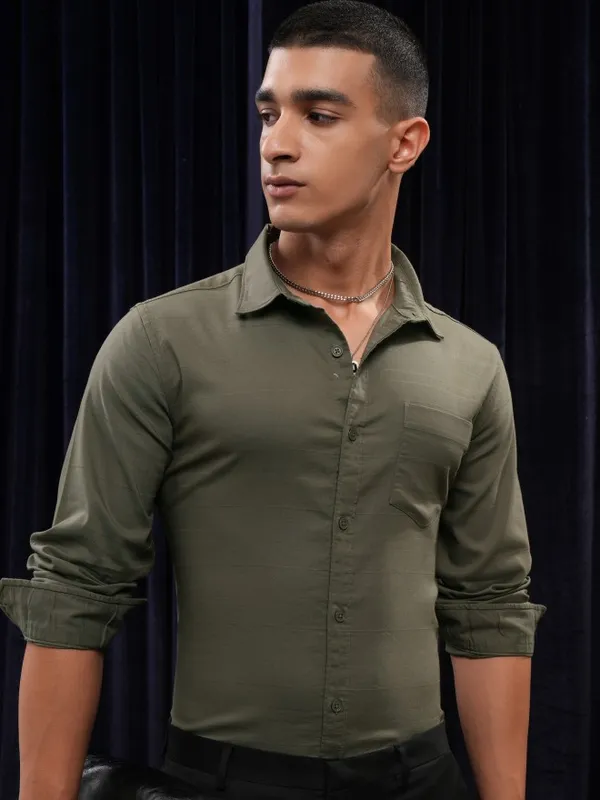 Highlander Men Olive Striped Regular Fit Casual Shirt