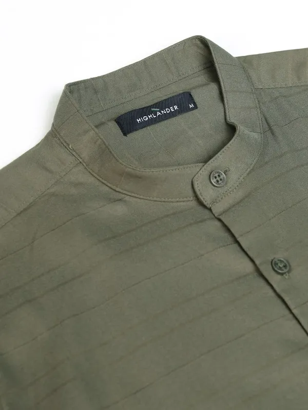 Highlander Men Olive Striped Regular Fit Casual Shirt