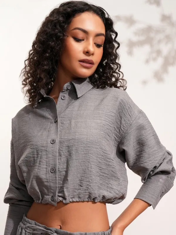 Tokyo Talkies Women Grey Solid Shirt Style Top