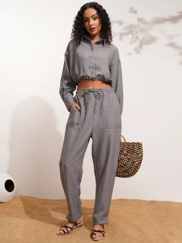 Tokyo Talkies Women Grey Solid Shirt Style Top