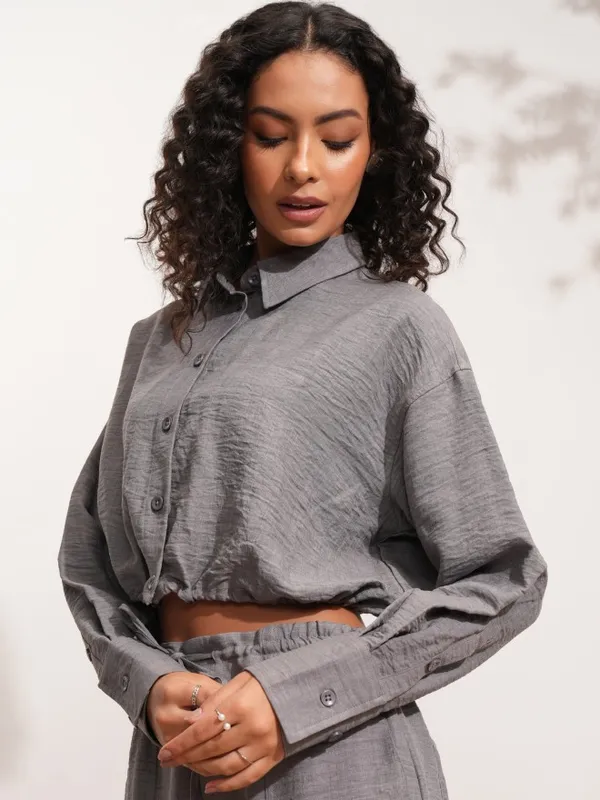 Tokyo Talkies Women Grey Solid Shirt Style Top