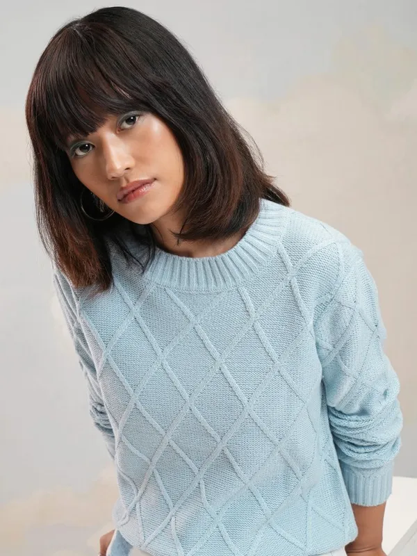 Tokyo Talkies Women Blue Round Neck Sweater
