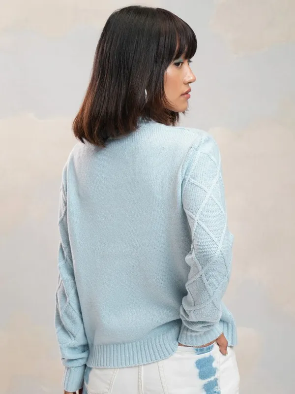 Tokyo Talkies Women Blue Round Neck Sweater