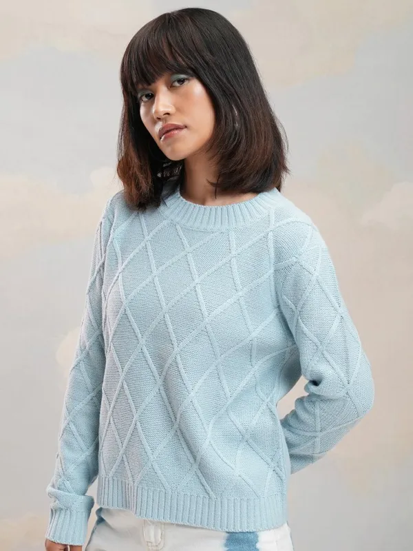 Tokyo Talkies Women Blue Round Neck Sweater