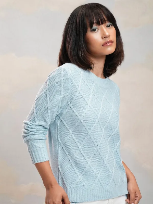 Tokyo Talkies Women Blue Round Neck Sweater