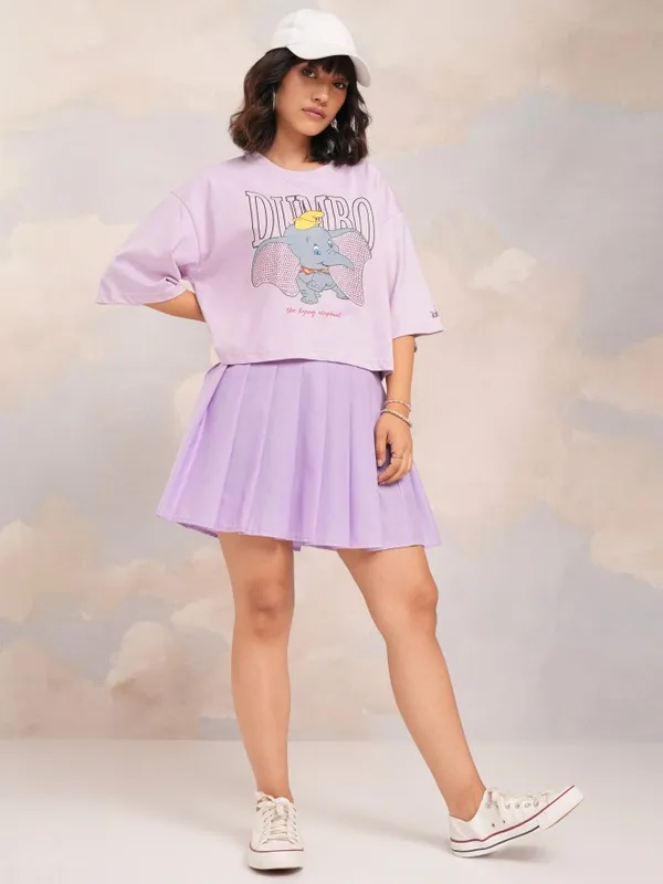 Disney By Tokyo Talkies Women Lavender Dumbo Printed Round Neck Boxy Fit T-Shirt