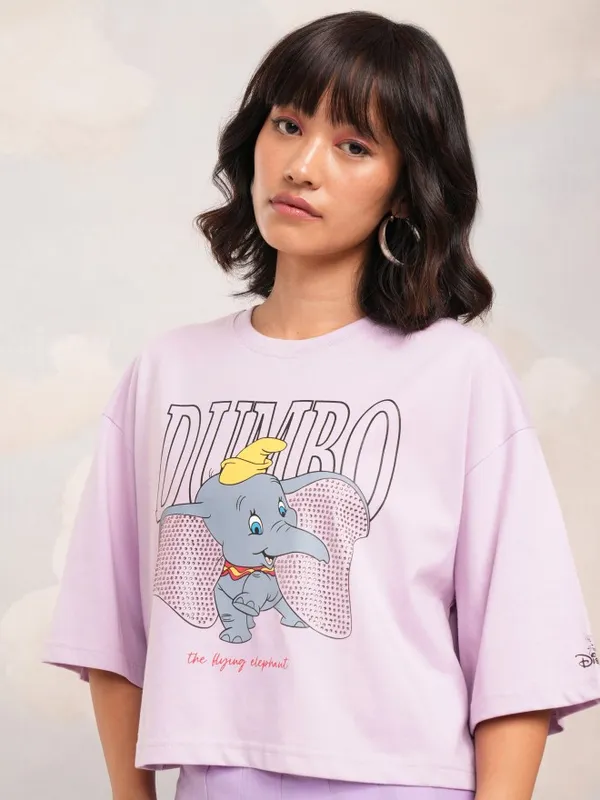 Disney By Tokyo Talkies Women Lavender Dumbo Printed Round Neck Boxy Fit T-Shirt