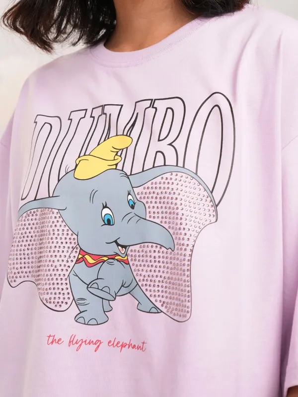 Disney By Tokyo Talkies Women Lavender Dumbo Printed Round Neck Boxy Fit T-Shirt