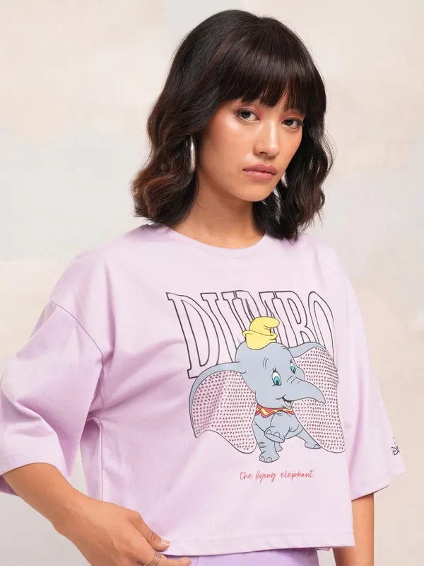 Disney By Tokyo Talkies Women Lavender Dumbo Printed Round Neck Boxy Fit T-Shirt