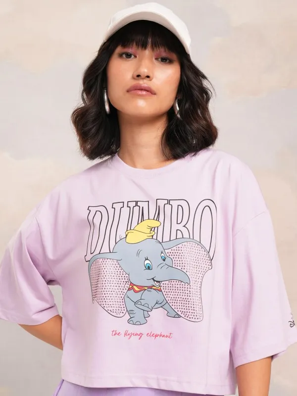 Disney By Tokyo Talkies Women Lavender Dumbo Printed Round Neck T-Shirt