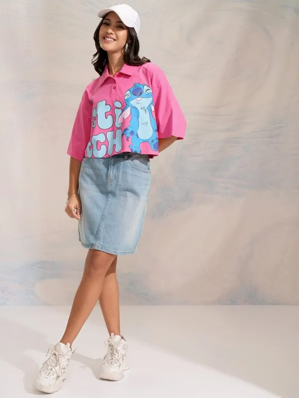 Disney By Tokyo Talkies Women Pink Stitch Printed Crop Boxy Fit T-Shirt