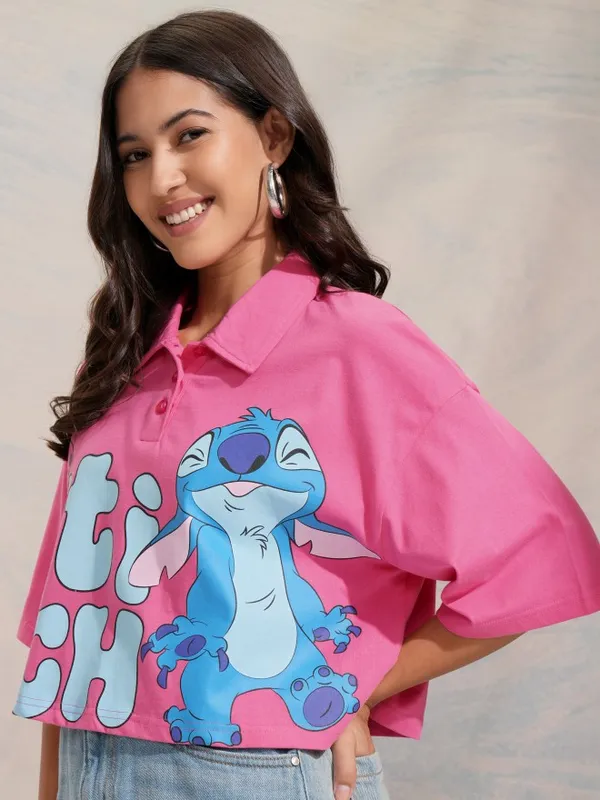 Disney By Tokyo Talkies Women Pink Stitch Printed Crop Boxy Fit T-Shirt