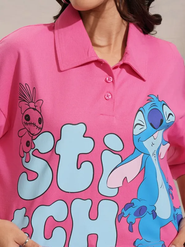 Disney By Tokyo Talkies Women Pink Stitch Printed Crop Boxy Fit T-Shirt