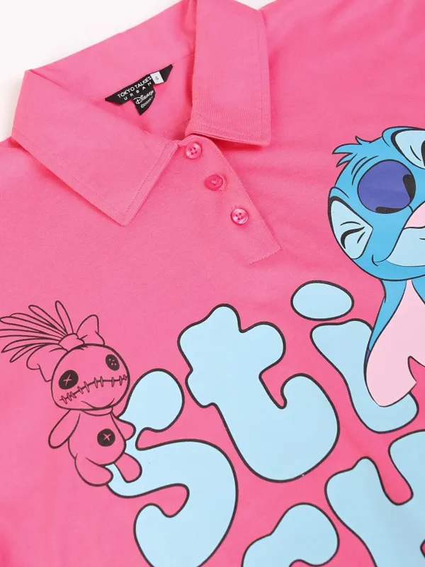 Disney By Tokyo Talkies Women Pink Stitch Printed Crop Boxy Fit T-Shirt