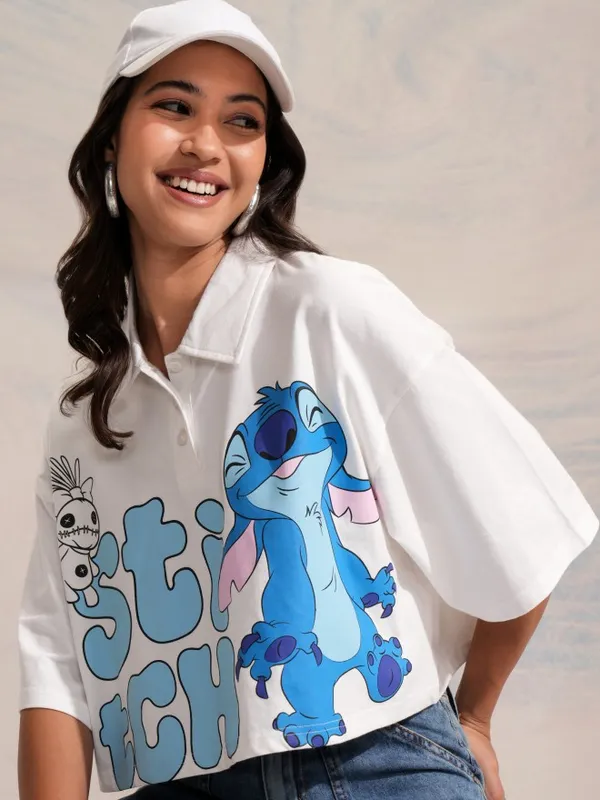 Disney By Tokyo Talkies Women White Stitch Printed Crop Boxy Fit T-Shirt
