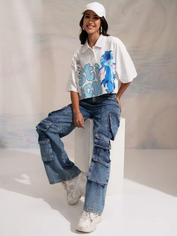 Disney By Tokyo Talkies Women White Stitch Printed Crop Boxy Fit T-Shirt