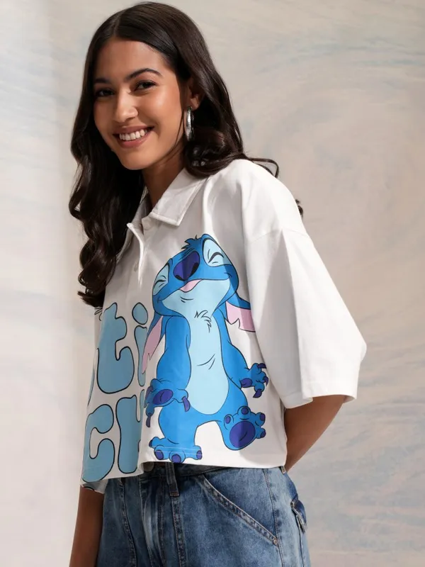 Disney By Tokyo Talkies Women White Stitch Printed Crop Boxy Fit T-Shirt