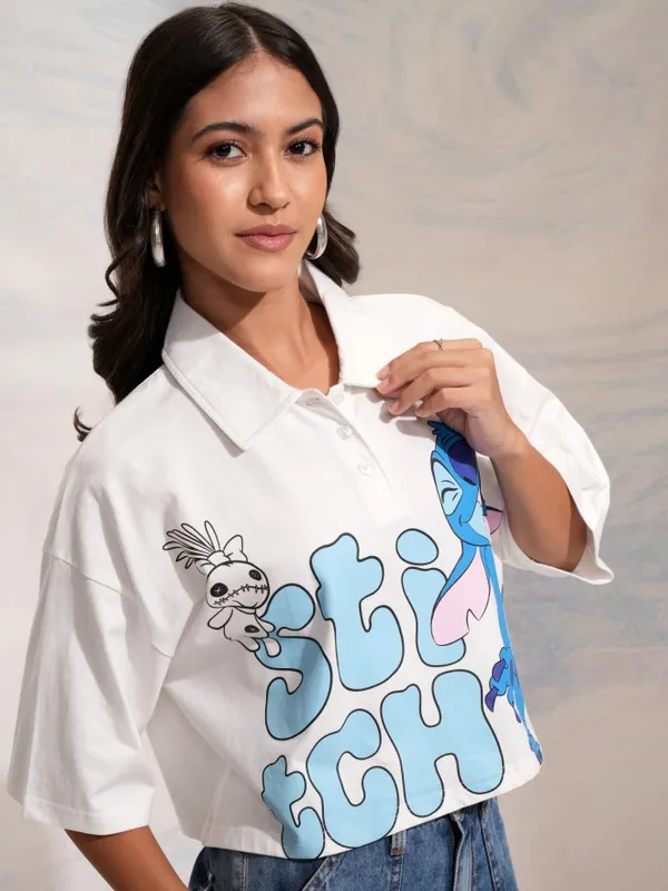 Disney By Tokyo Talkies Women White Stitch Printed Crop Boxy Fit T-Shirt