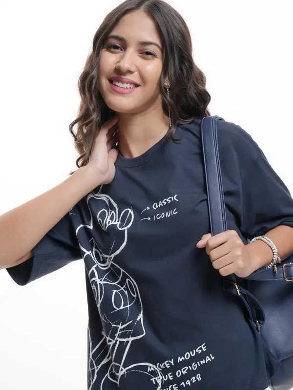 Disney By Tokyo Talkies Women Navy Blue Mickey Mouse Printed Round Neck T-Shirt