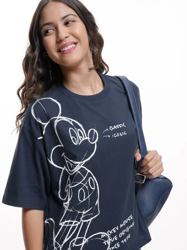 Disney By Tokyo Talkies Women Navy Blue Mickey Mouse Printed Round Neck T-Shirt