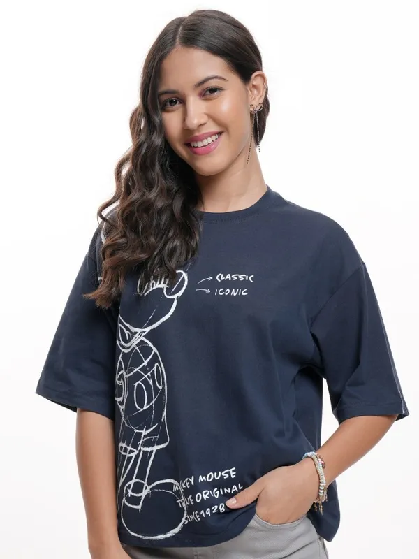 Disney By Tokyo Talkies Women Navy Blue Mickey Mouse Printed Round Neck T-Shirt