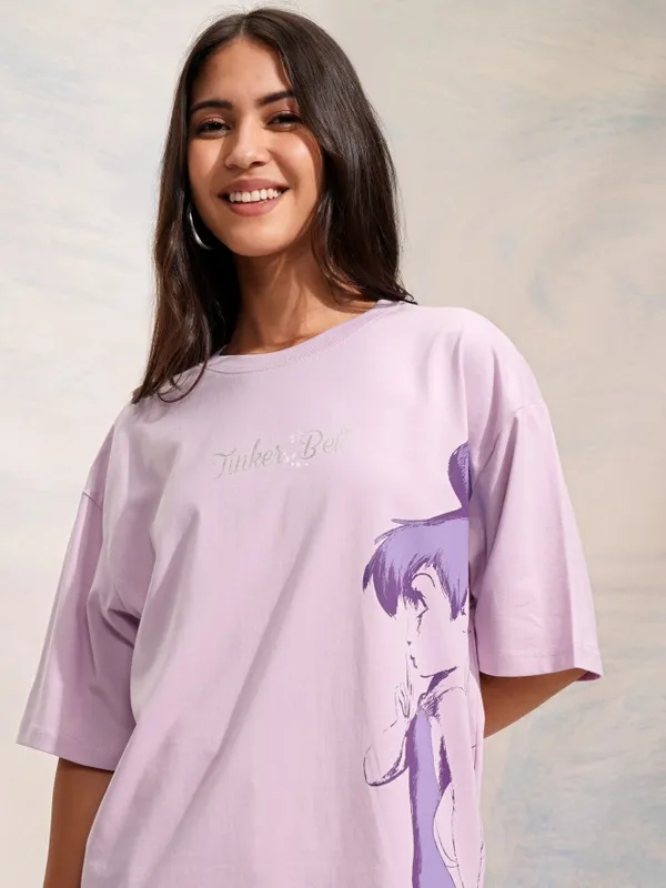 Disney By Tokyo Talkies Women Lavender Tinker Bell Printed Oversized T-Shirt