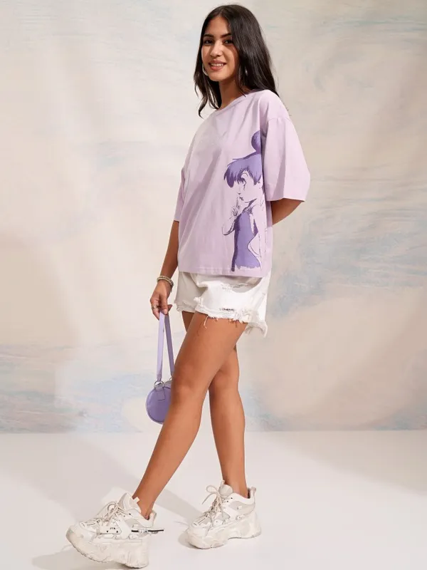 Disney By Tokyo Talkies Women Lavender Tinker Bell Printed Oversized T-Shirt
