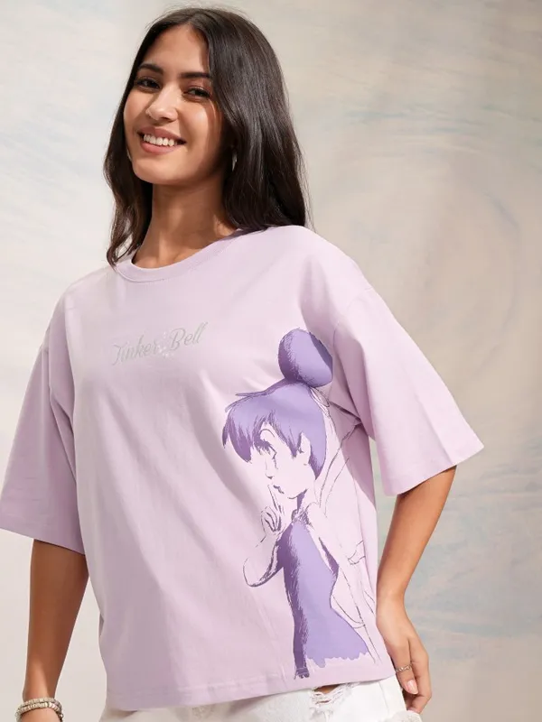 Disney By Tokyo Talkies Women Lavender Tinker Bell Printed Oversized T-Shirt