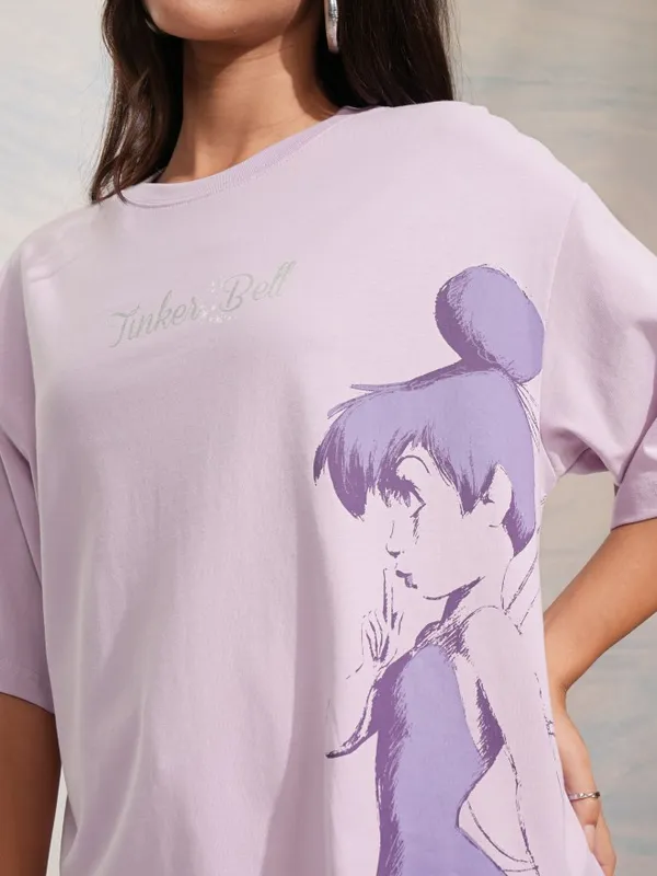 Disney By Tokyo Talkies Women Lavender Tinker Bell Printed Oversized T-Shirt