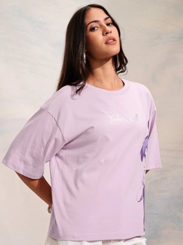 Disney By Tokyo Talkies Women Lavender Tinker Bell Printed Oversized T-Shirt